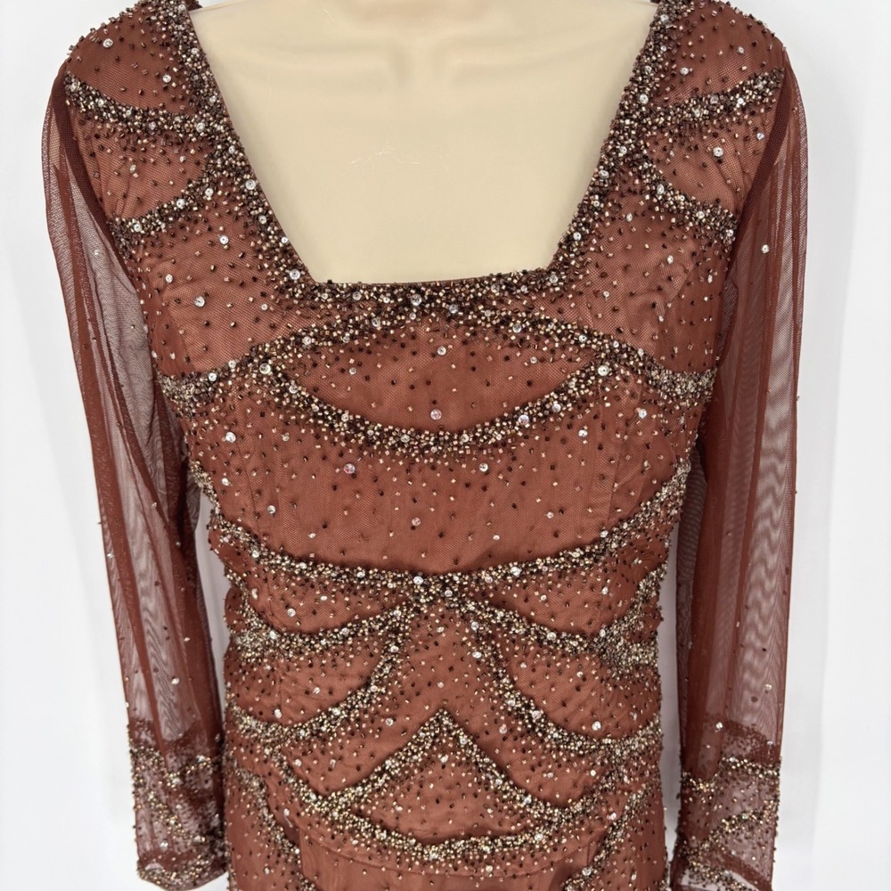 Claire's Collection Brown Beaded Sequin Long Sleeve Formal Gown Maxi Dress